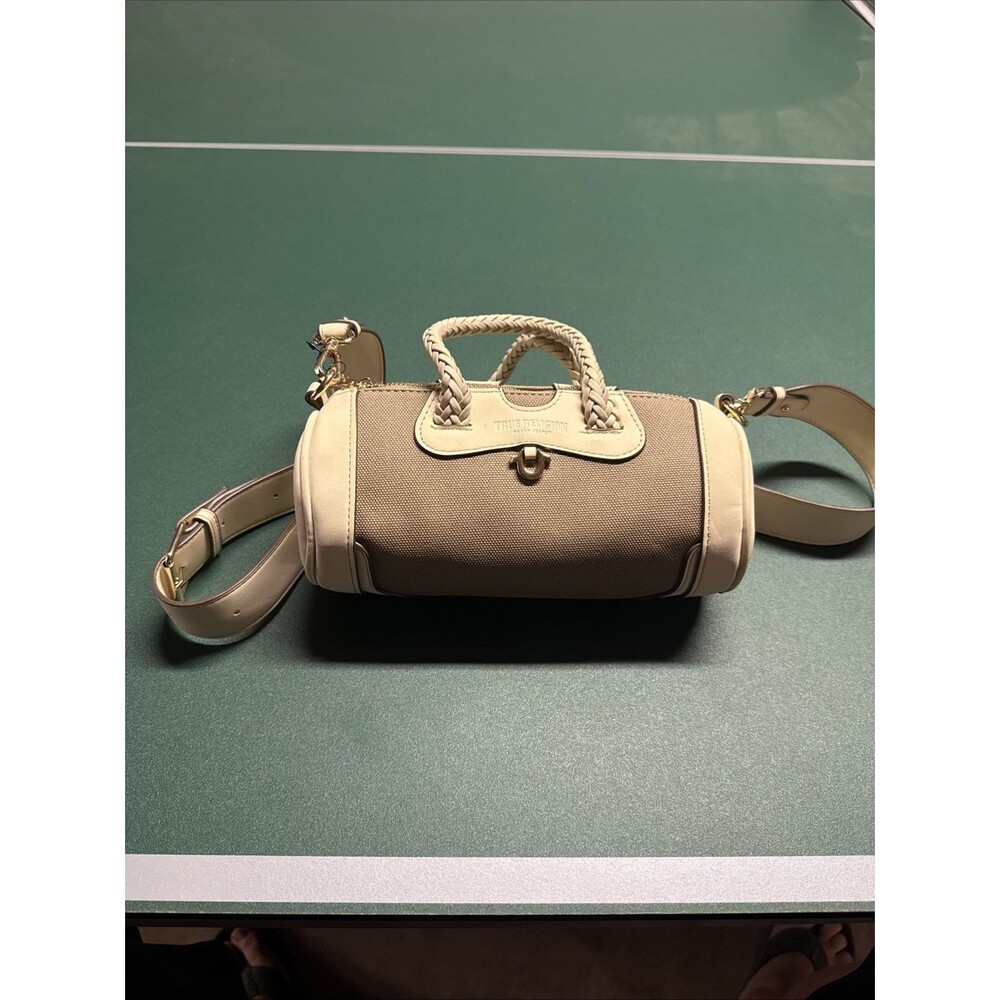 True Religion Mini Barrel Duffel Bag Taupe Canvas Braided Handle Crossbody